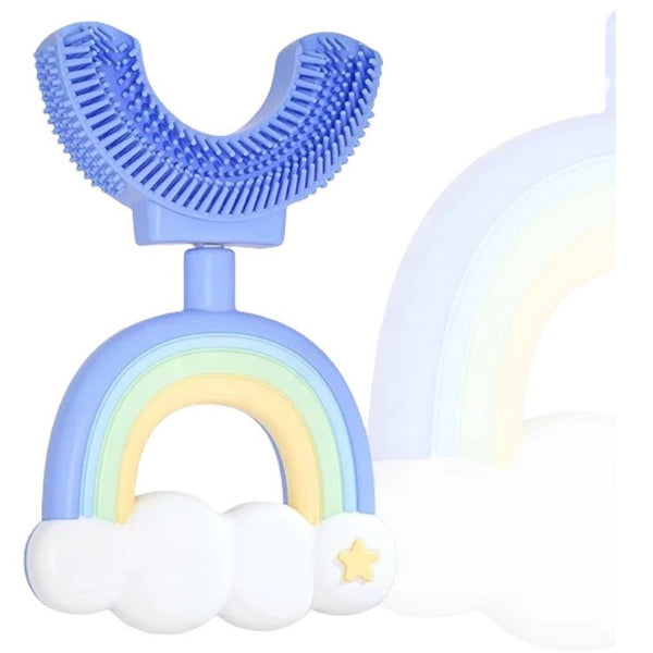 Medies 360 graden U vorm Regenboog handtandenborstel – Blauw  Met deze tandenborstel is tandenpoetsen een leuke bezigheid voor alle peuters en kleuters van 2 tot 7 jaar. In slechts 30 seconden bereikt deze handtandenborstel fantastische resultaten. Het schattige en leuke ontwerp zorgt voor de nodige interesse en helpt ervoor te zorgen dat het gebit van uw kind op een goede manier gepoetst kan worden.