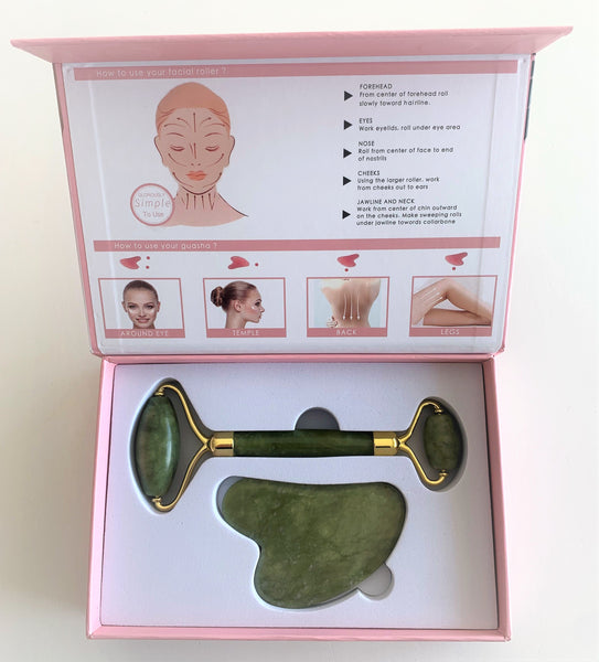 Groene professionele gezichtsroller met gua sha schraper | luxe set jade roller met gua sha stone | jaderoller | jade roller | jade roller set