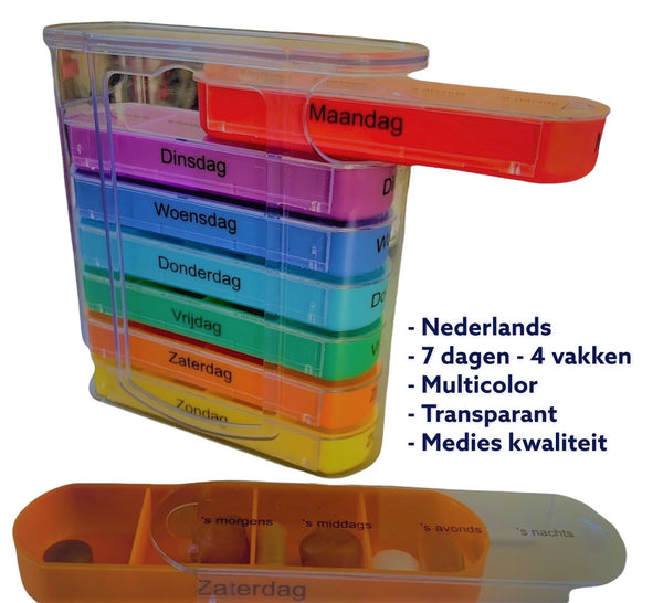 Medies Pillendoos 7 dagen 4 vakken in het Nederlands  Dankzij deze handige en transparante pillendoos kun je op een eenvoudige manier een goed overzicht verkrijgen van de dagelijks in te nemen medicatie. De transparante houder zorgt ervoor dat een optimale zichbaarheid gegarandeerd is voor de 7 dagdelen. De dagdelen hebben een verschillend kleur en een dagaanduiding in het Nederlands.