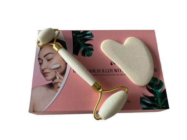 Witte professionele gezichtsroller met gua sha schraper | luxe set jade roller met gua sha stone | jaderoller | jade roller | jade roller set