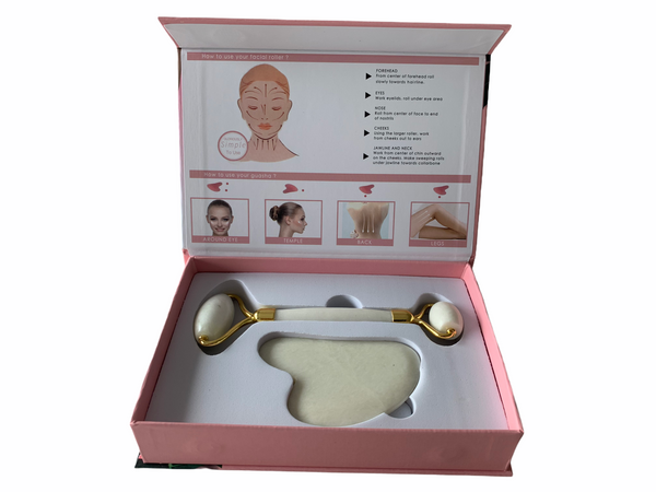 Witte professionele gezichtsroller met gua sha schraper | luxe set jade roller met gua sha stone | jaderoller | jade roller | jade roller set